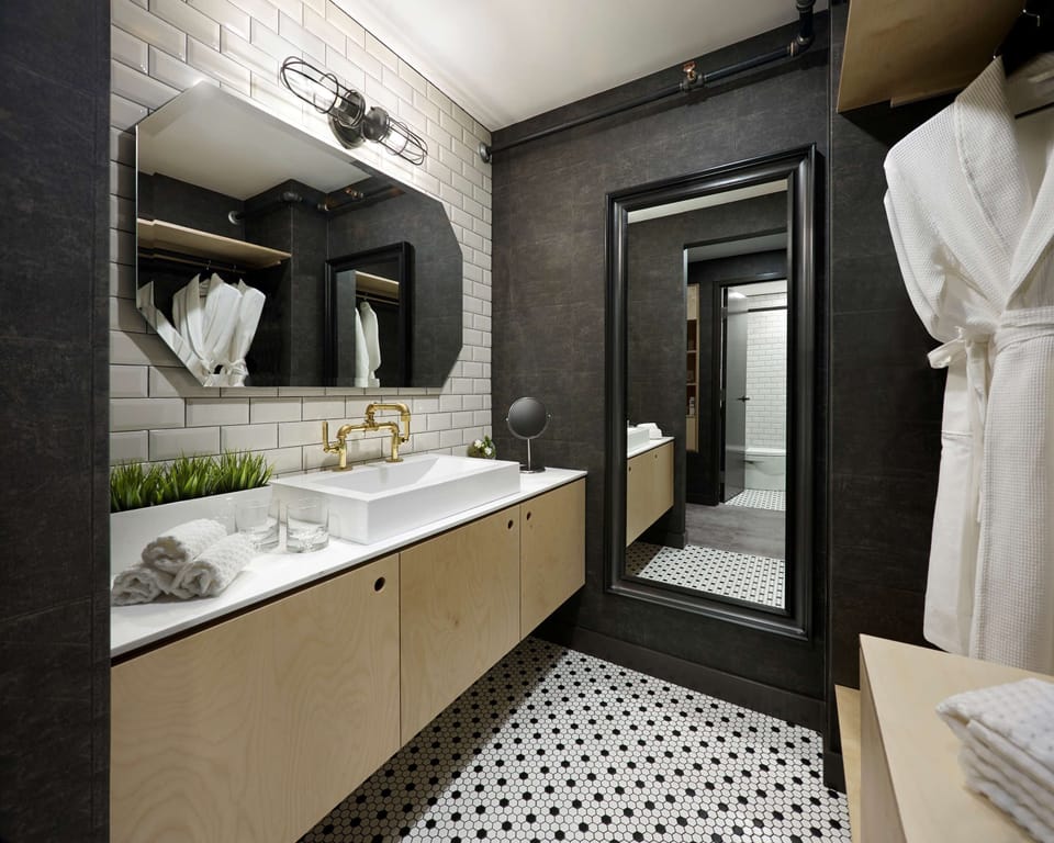 Shower, rainfall showerhead, designer toiletries, hair dryer