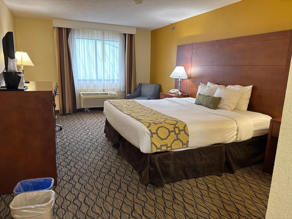Premium bedding, pillowtop beds, desk, laptop workspace