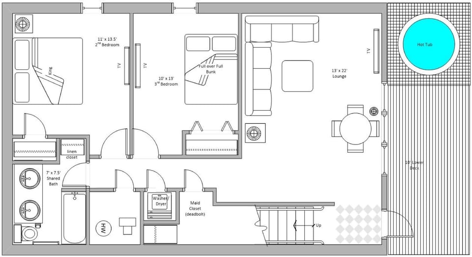 Here's a view of the lower level - lounge, 2 bedrooms, bath and outdoor areas