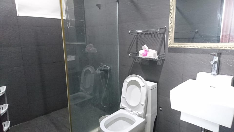 Shower, free toiletries, hair dryer, slippers