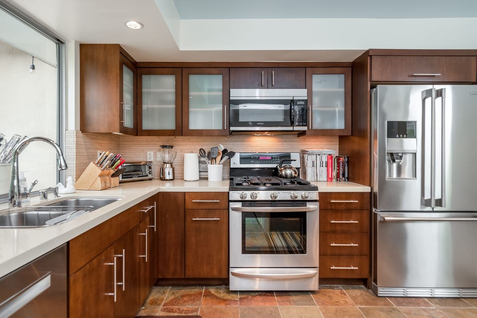 Kitchen with all stainless appliances.