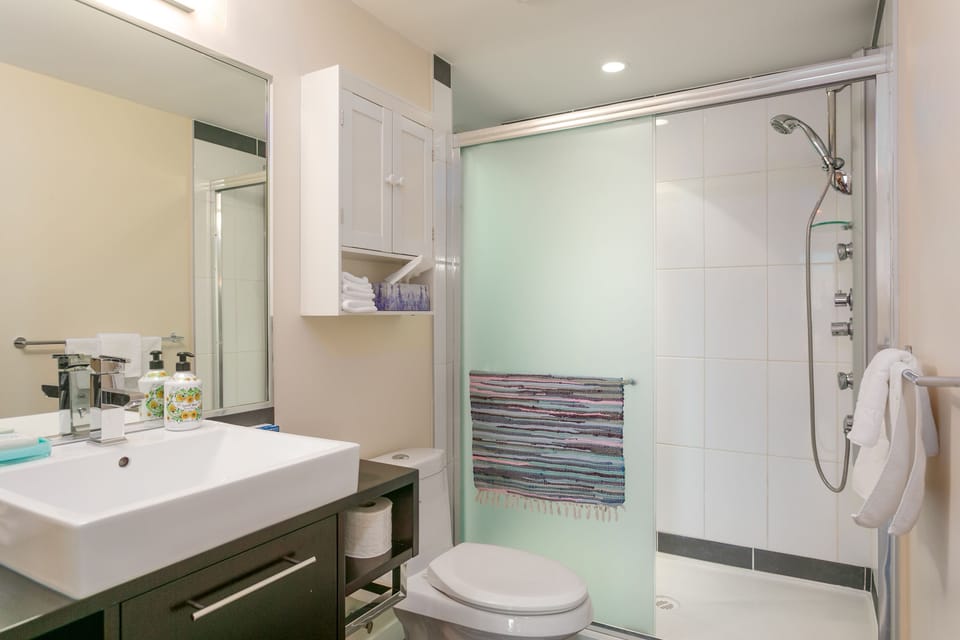 shower in 2nd bathroom. The master bedroom has the tub.
