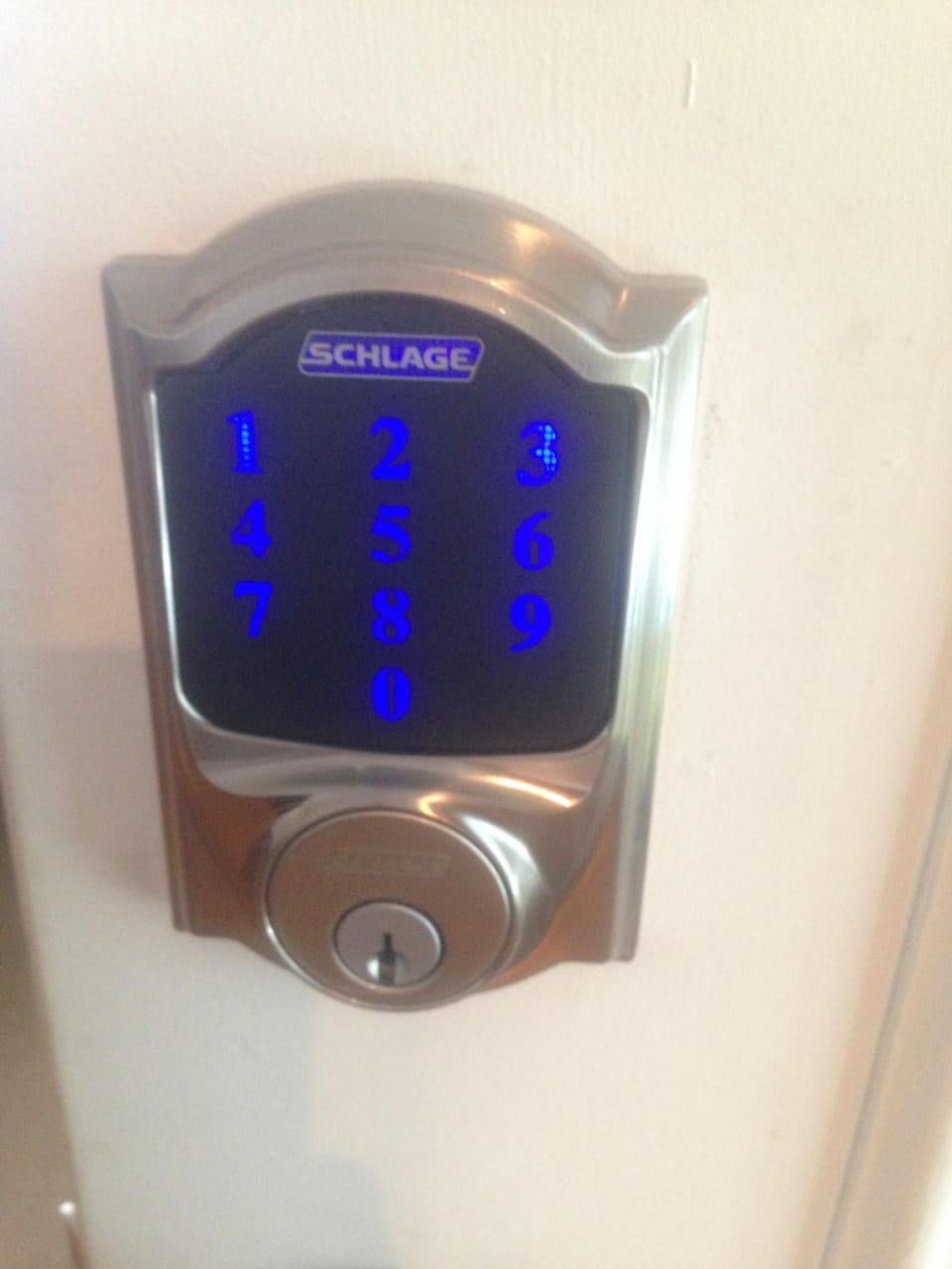 Keyless Entry
Press the word SCHLAGE
keypad lights up 
Enter 4 digit entry code
