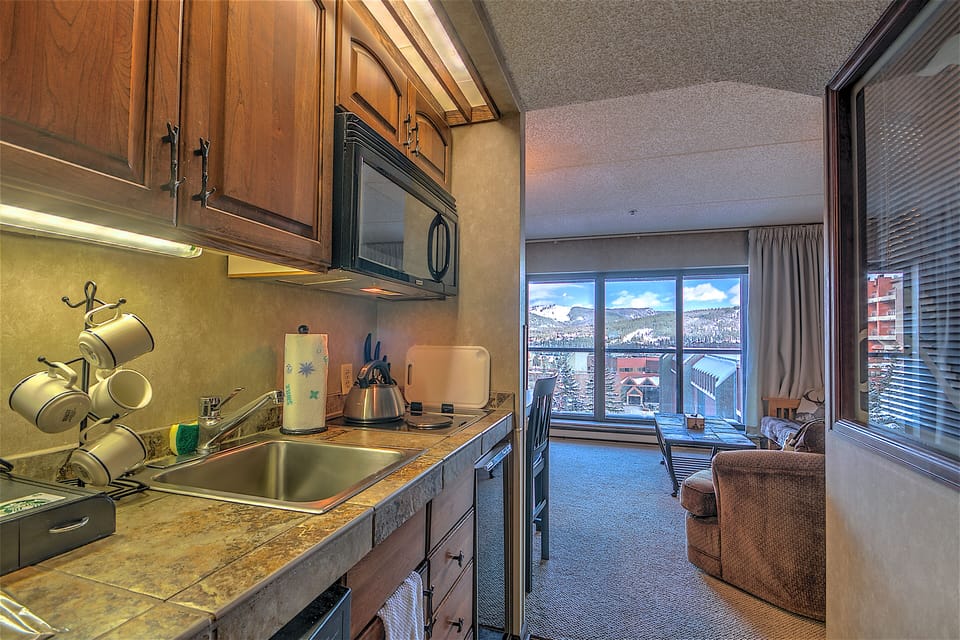 Kitchenette with stovetop and microwave. New faucet installed .
