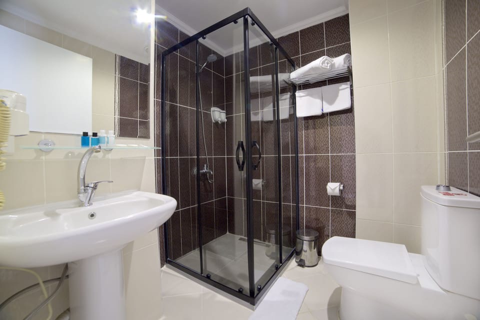 Shower, free toiletries, hair dryer, slippers