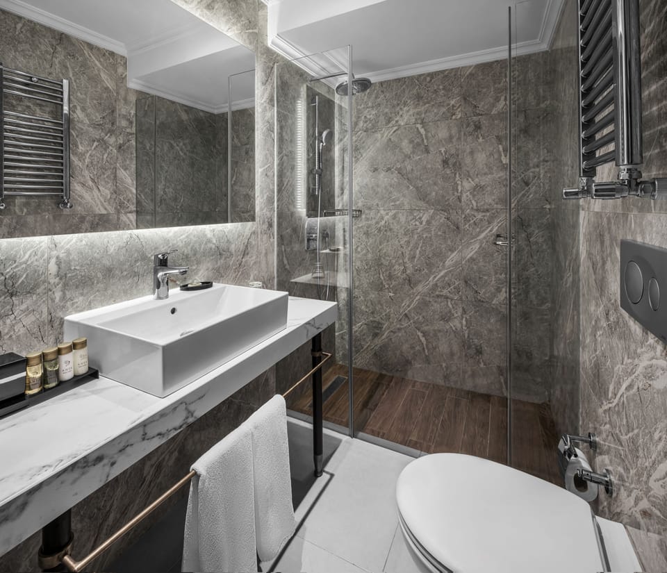 Shower, rainfall showerhead, free toiletries, hair dryer