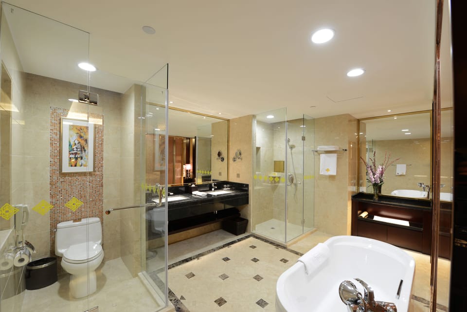 Combined shower/tub, hair dryer, bathrobes, slippers