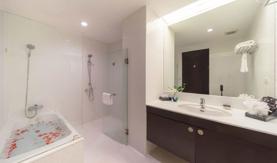Combined shower/tub, free toiletries, hair dryer, towels