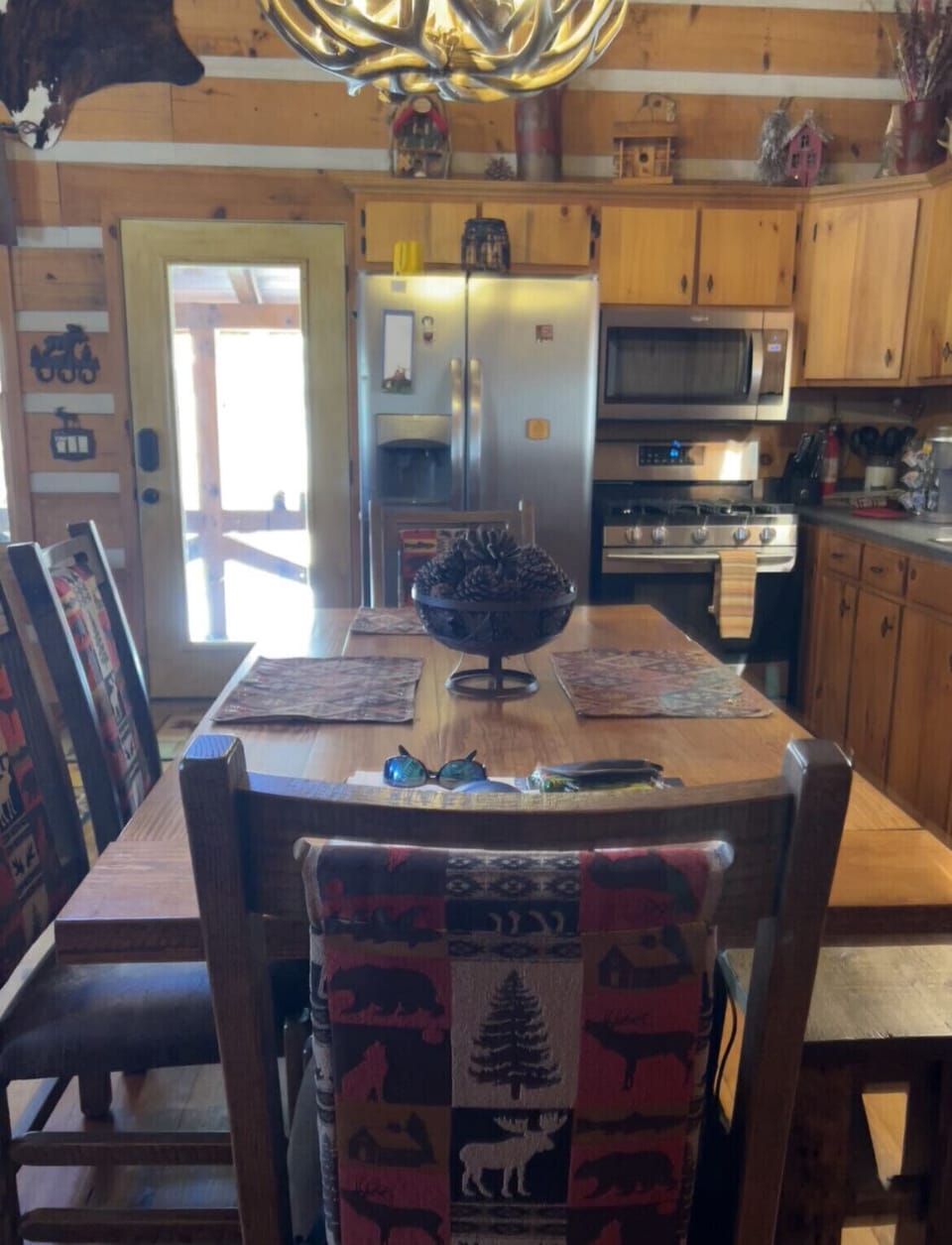 New handmade table has 4 sturdy chairs and a long bench. 
