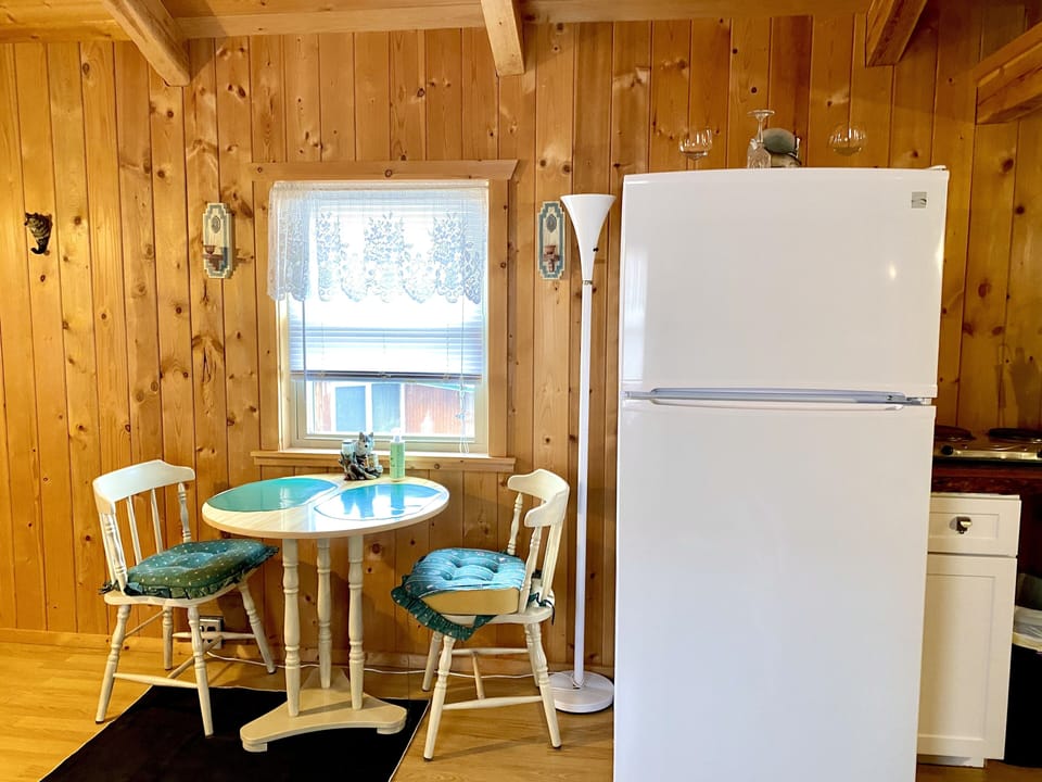 Dining table with new larger refrigerator.