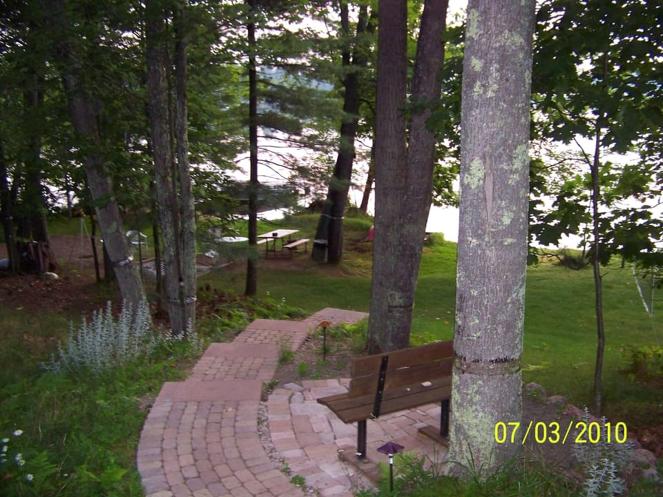 Steps leading to lake with a viewing bench