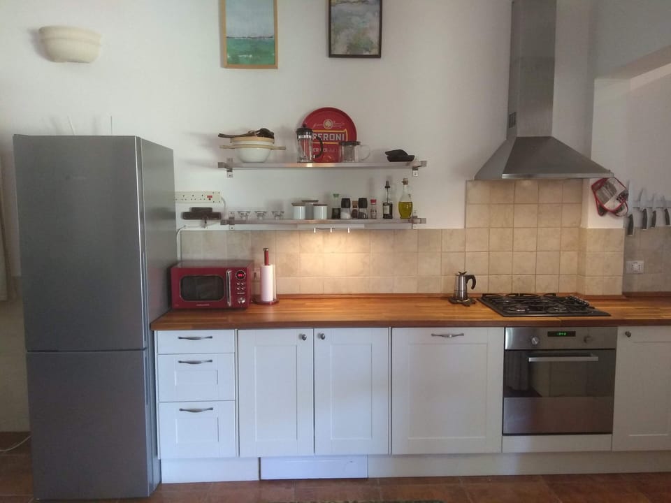 Large, modern fridge-freezer, microwave, gas hob and electric oven