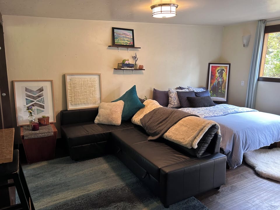 Couch pulls out for a second queen bed. 