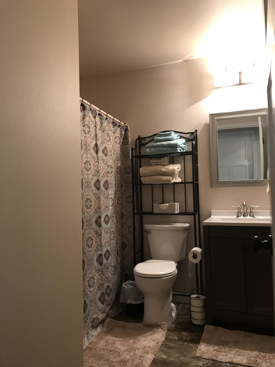 Bathroom has shampoo/conditioner, toiletries, and hair dryer.