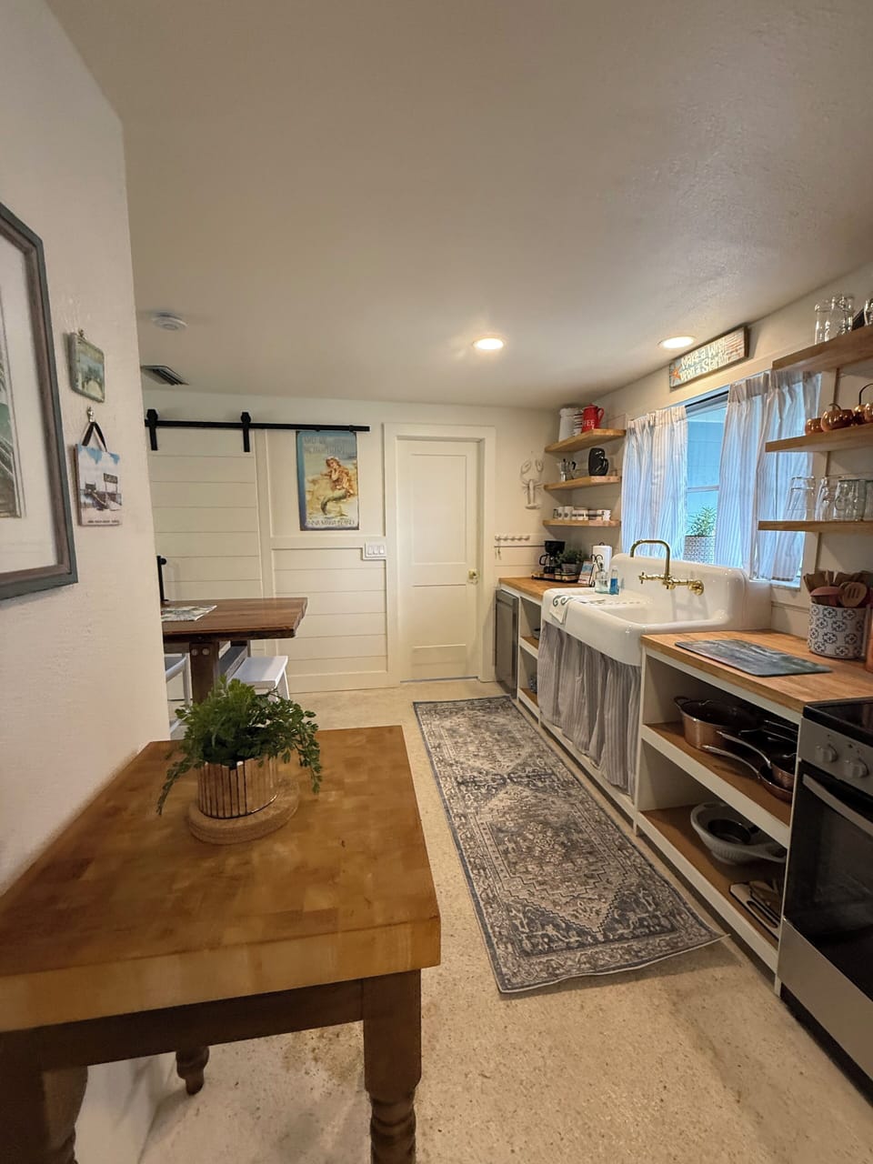 Extra counter space available with antique butcher block.