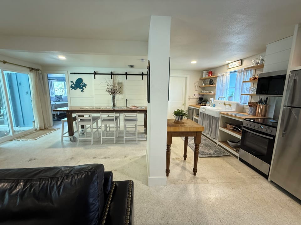 View of the kitchen and dining room from the living area.