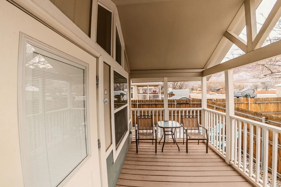 Patio seating area with scenic red rock views