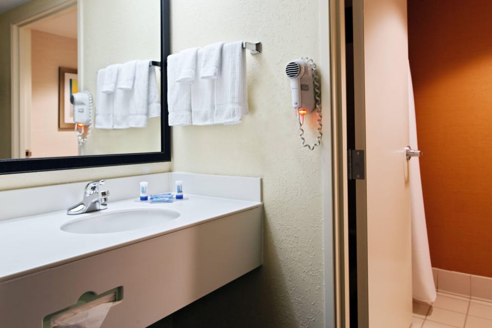 Combined shower/tub, free toiletries, hair dryer, towels