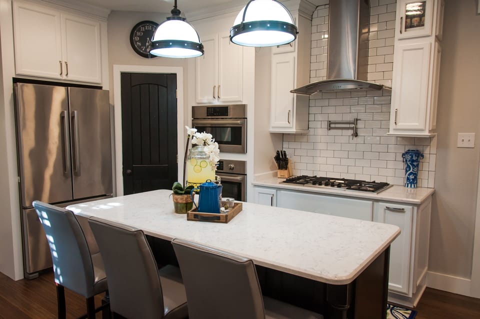 Kitchen Island, gas stove, pot filler, built in microwave & oven