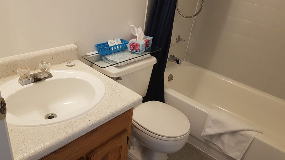 Combined shower/tub, towels