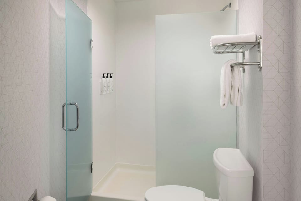 Combined shower/tub, free toiletries, hair dryer, towels