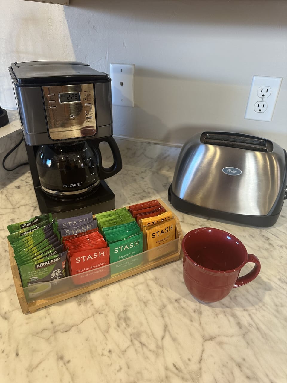 Coffee, tea, creamer and sugar provided.