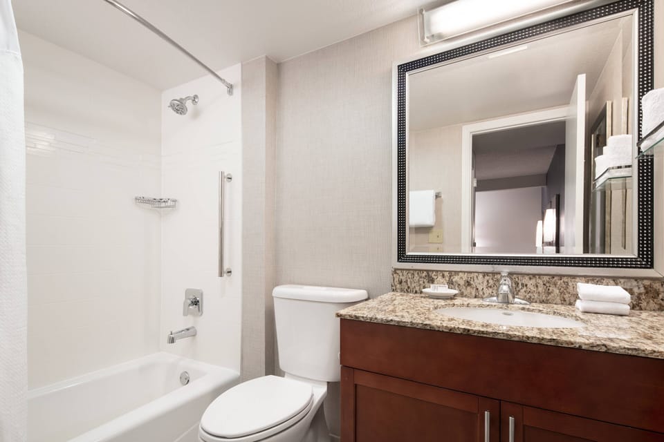 Combined shower/tub, free toiletries, hair dryer, towels