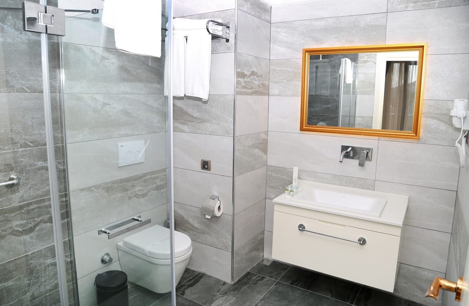 Shower, rainfall showerhead, free toiletries, hair dryer