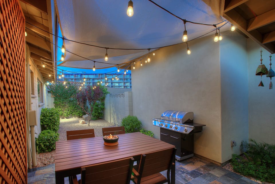 Private secluded patio with view of the Valley Ho Resort. New propane gas BBQ.