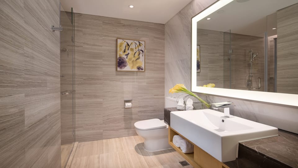 Separate tub and shower, free toiletries, hair dryer, slippers