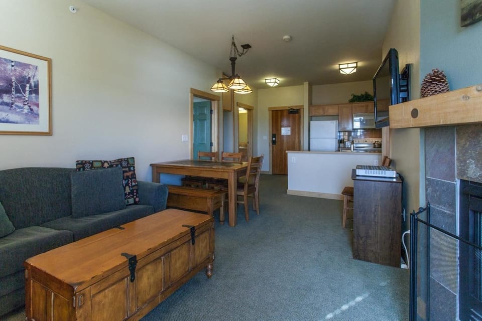 LCD TV, fireplace, DVD player