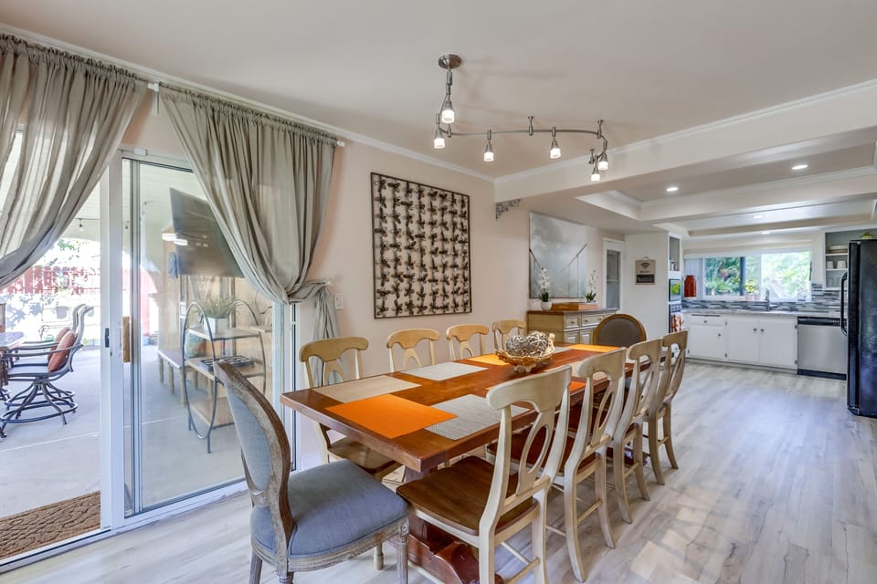 Natural Slab dinning room table seats 10 comfortably, add another 8 to the porch