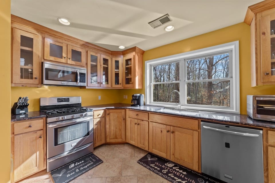 The red oak cabinets are made from trees  take from the property 
