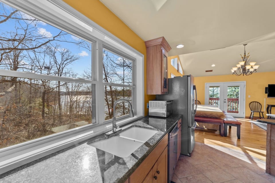The cook can also enjoy a lake view