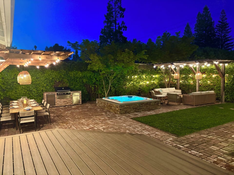 View of garden retreat in the evening from the house