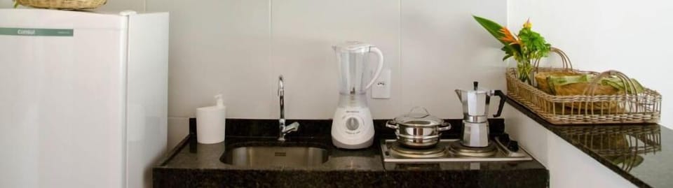 Fridge, microwave, stovetop, cookware/dishes/utensils