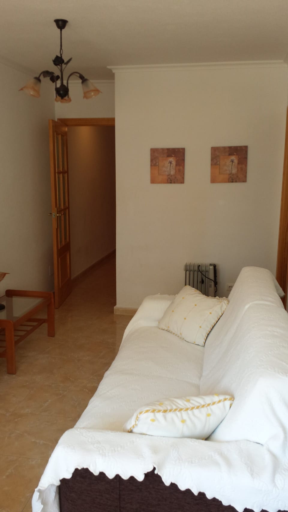 The lounge with sofa and door leading to the hall.