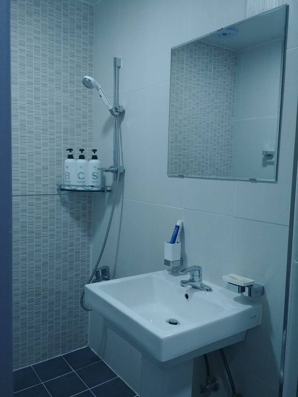 Shower, hair dryer, slippers, towels