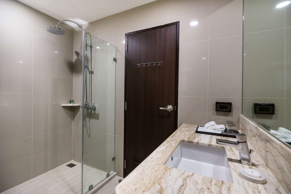 Shower, free toiletries, hair dryer, bathrobes