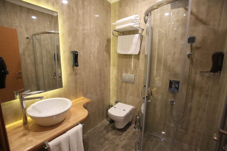 Shower, free toiletries, hair dryer, slippers