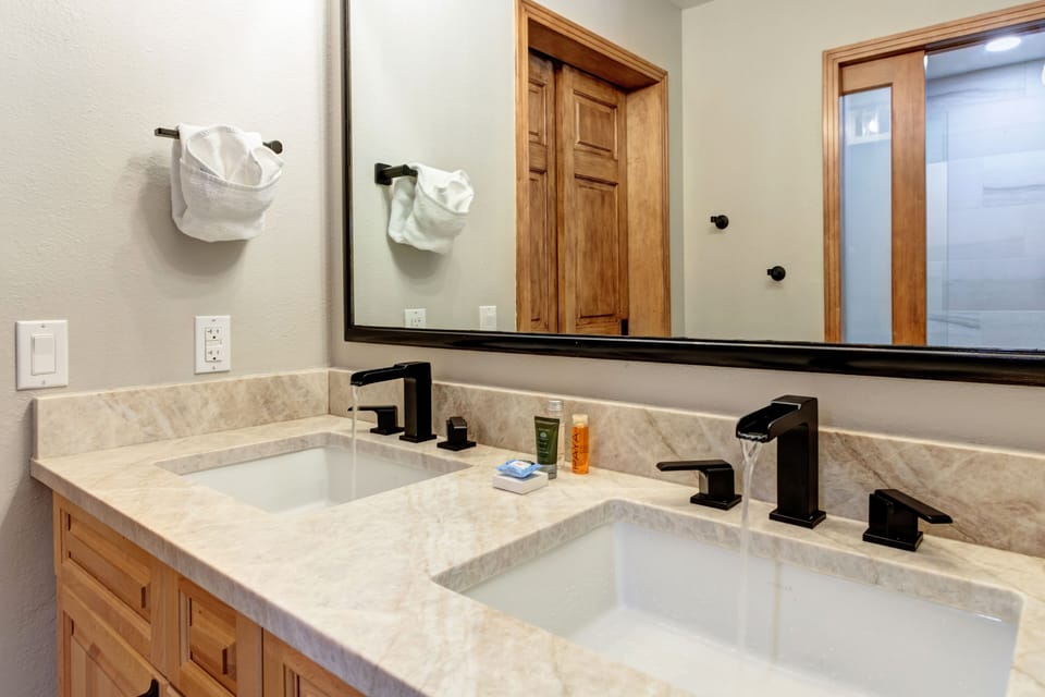 Euro-Waterfall Faucets with "Unlimited Always-Hot" water. Egyptian Cotton Towels
