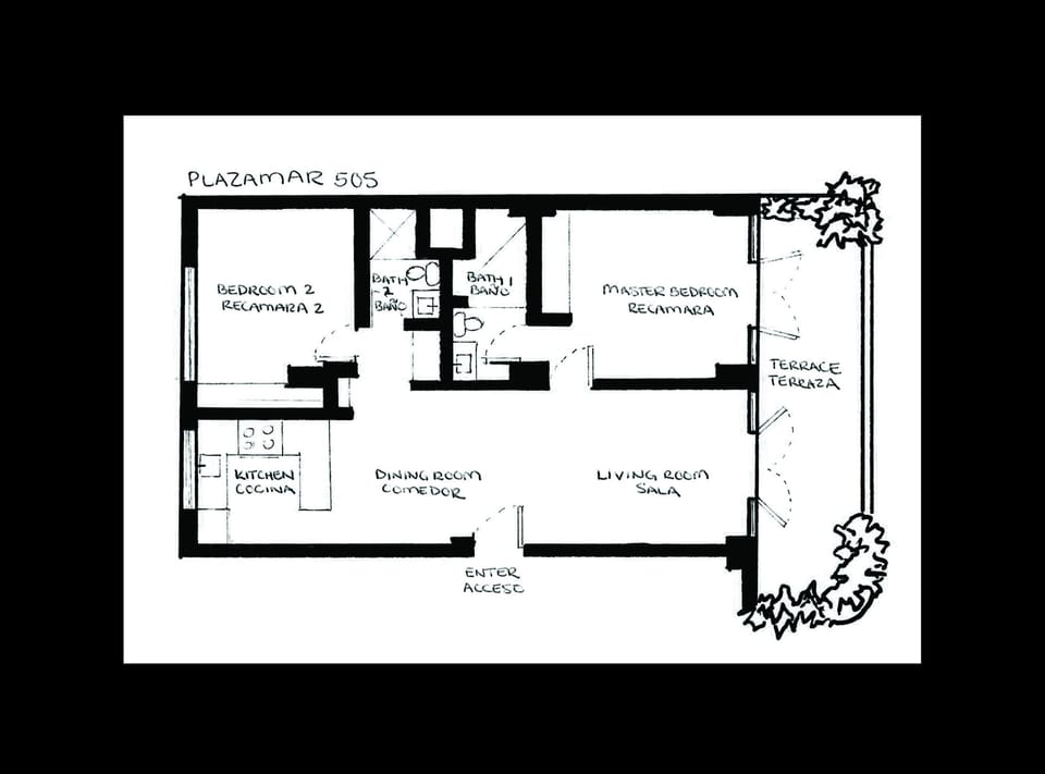 Sketched floor plan of our condo! Open concept common areas and two suites.