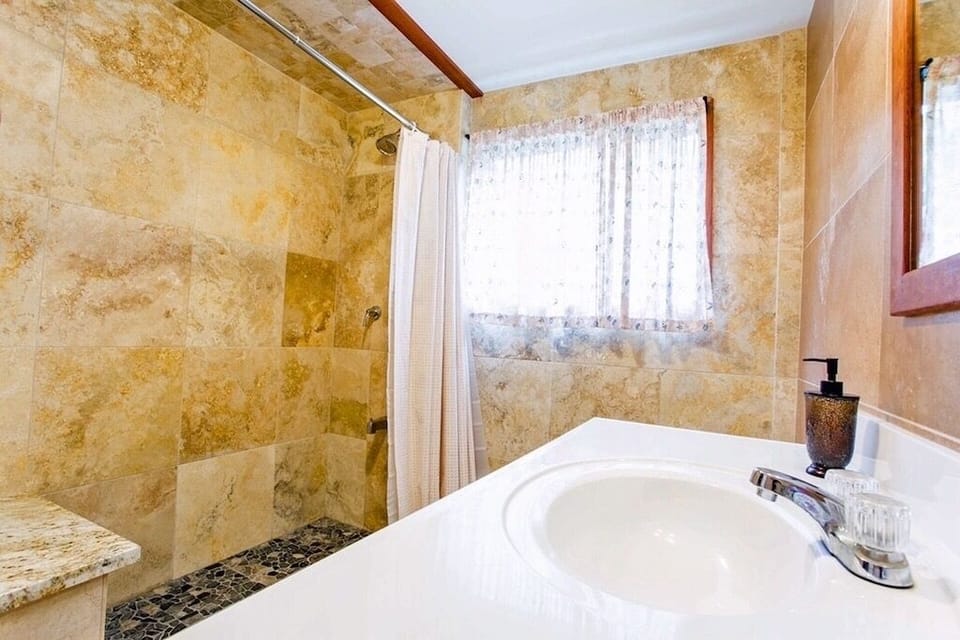 Downstairs bathroom with tiled shower