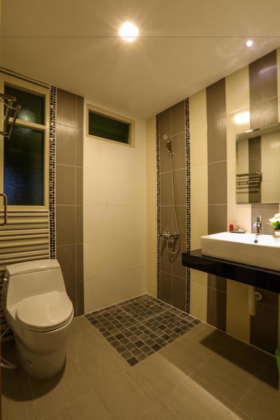 Shower, free toiletries, hair dryer, towels