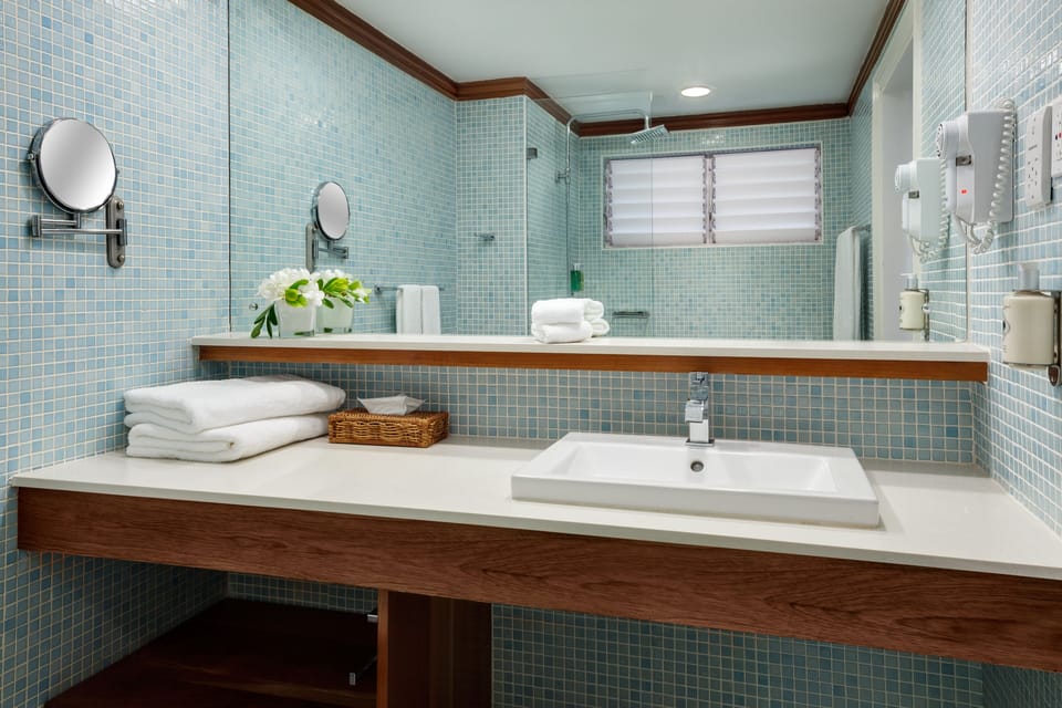 Shower, free toiletries, hair dryer, bathrobes