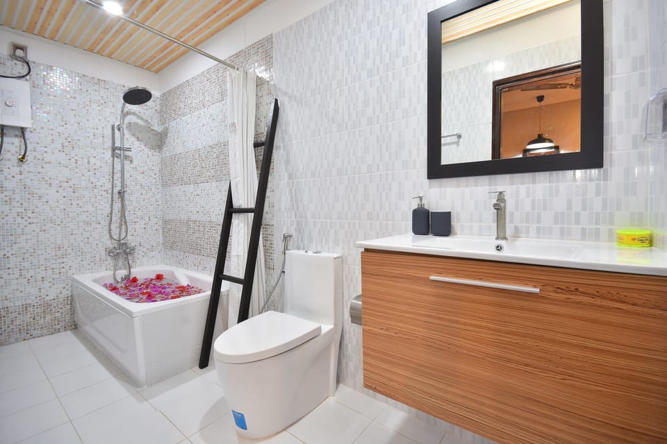 Shower, free toiletries, hair dryer, towels