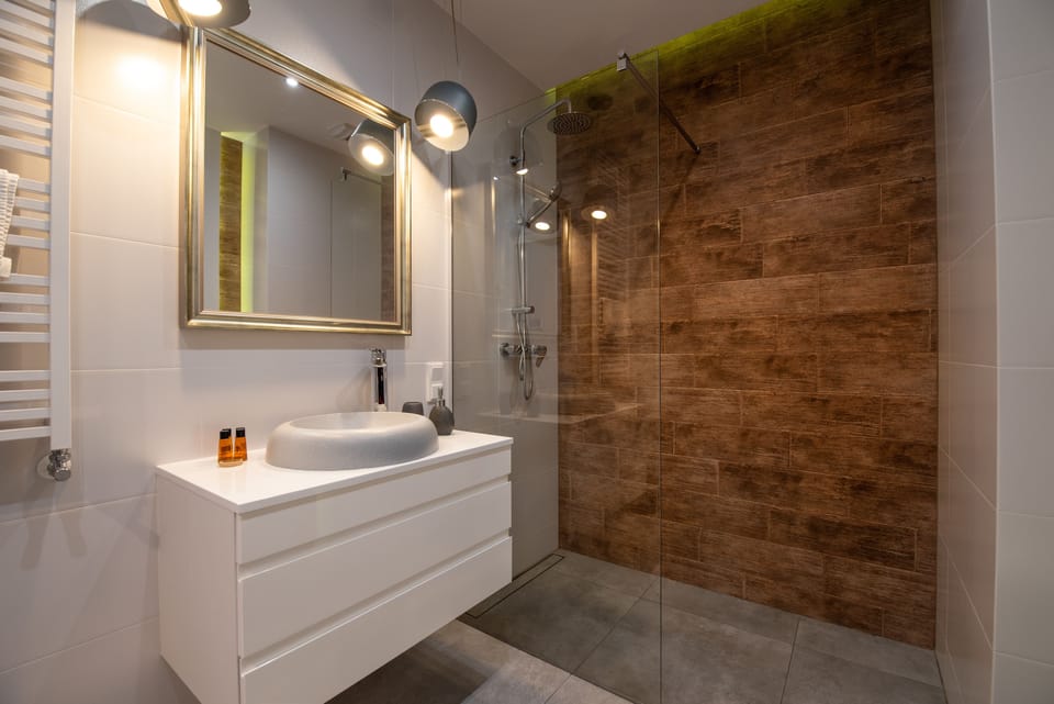 Business Apartment (L8) | Bathroom | Shower, free toiletries, hair dryer, towels