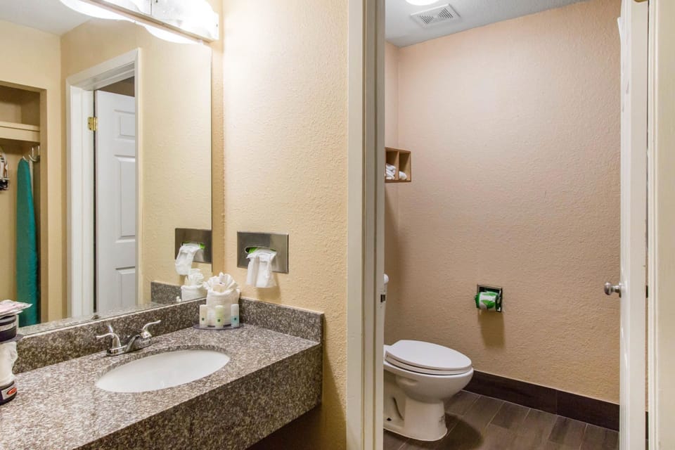 Combined shower/tub, deep soaking tub, free toiletries, hair dryer