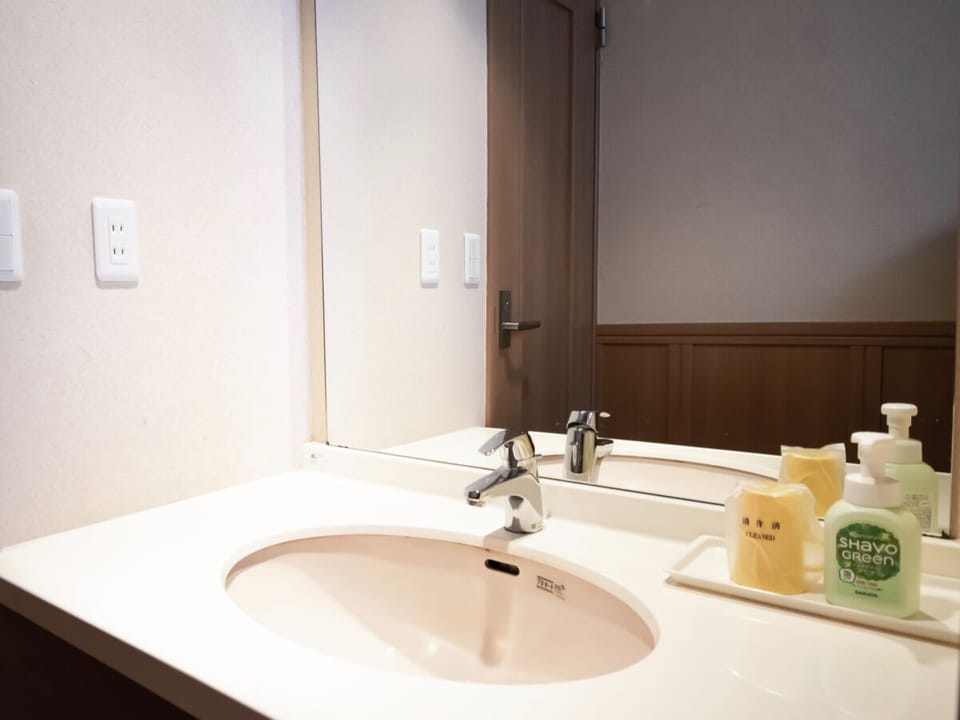Shower, hair dryer, slippers, towels