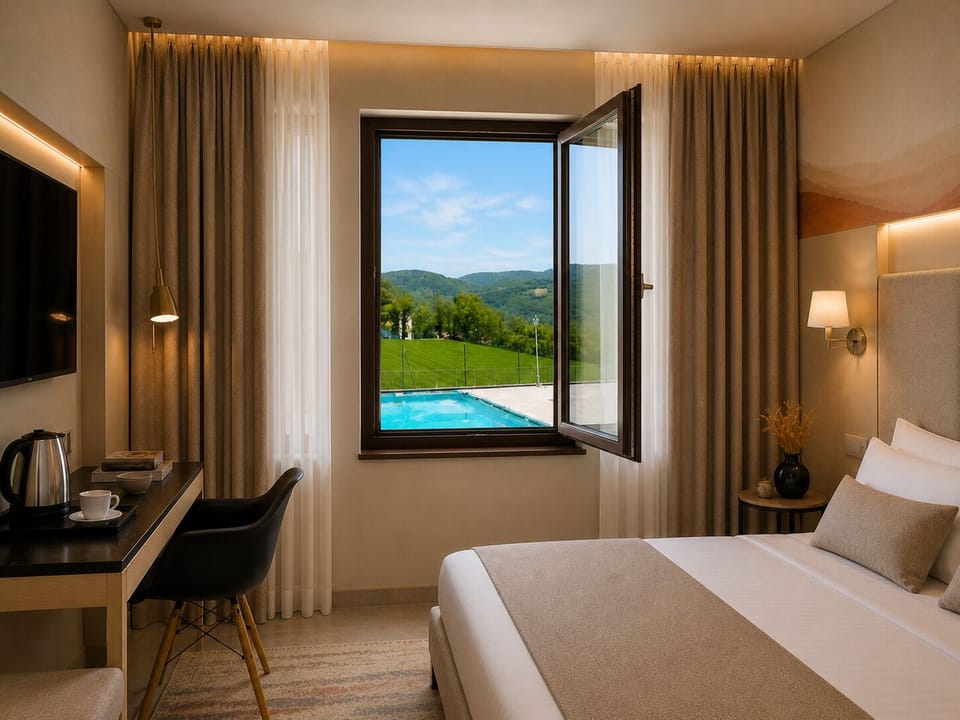 Romantic Room, Pool View | Egyptian cotton sheets, premium bedding, down comforters, minibar